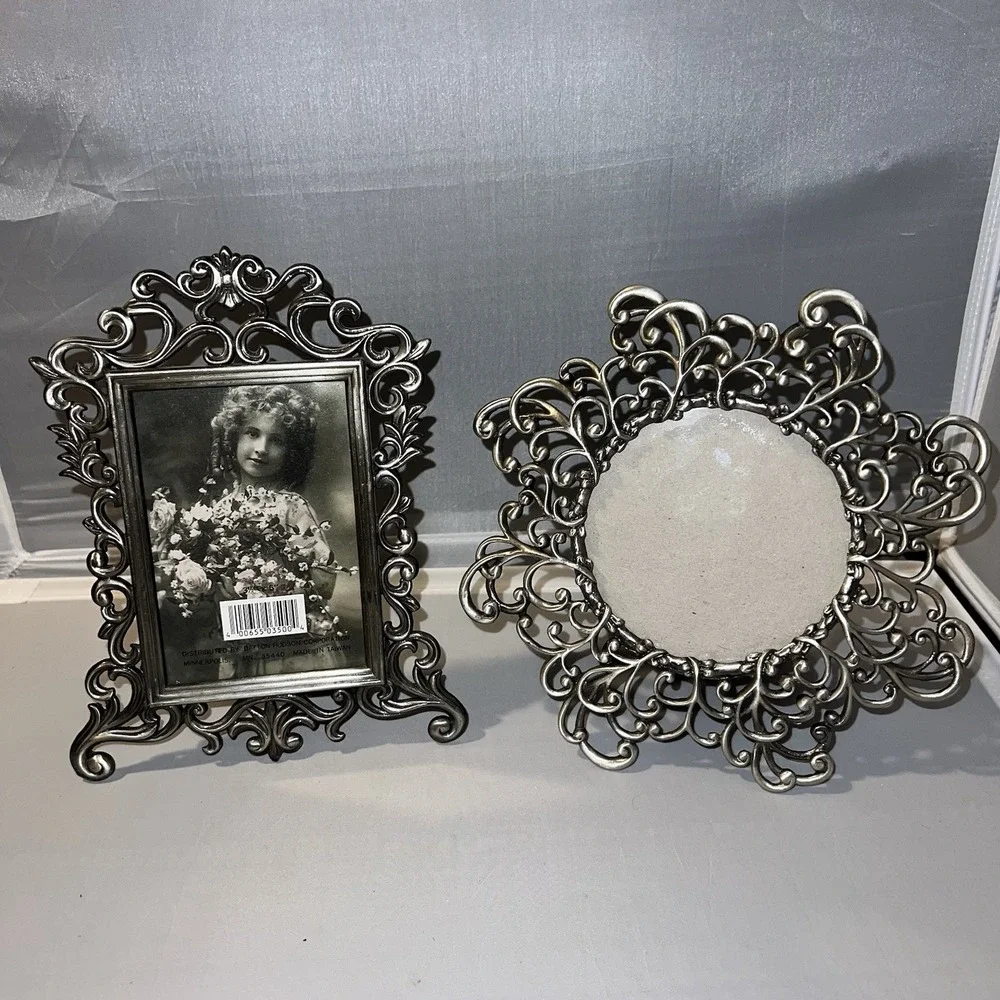 Lot of 2 Vintage Pewter Floral Scroll Picture Frames Granny Cottage Elegant Core